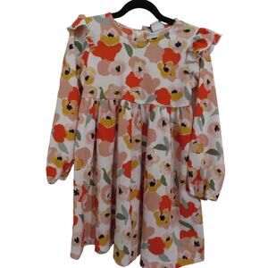 HOP Kids 4-5 Years Red Orange Peony Floral Dress Long Sleeve Ruffle Shoulder